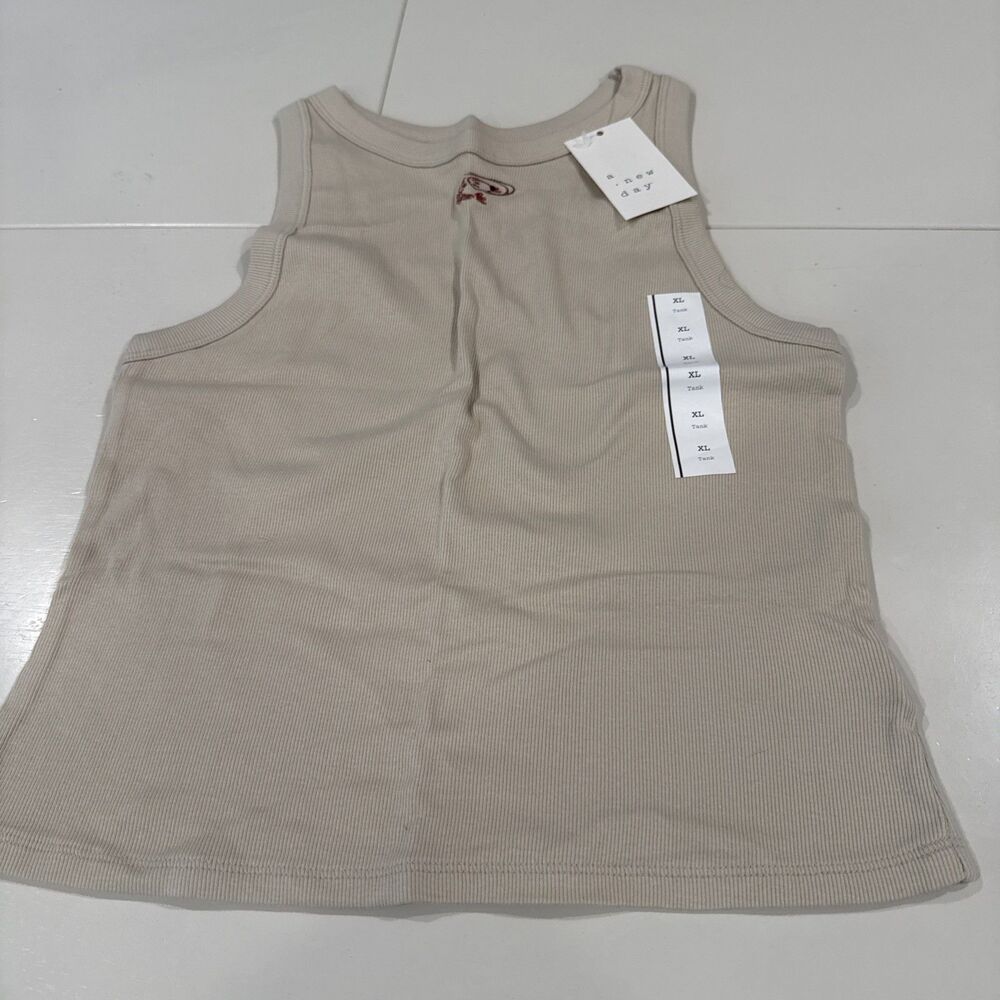 A New Day Women's Ribbed Tank Top with Shrimp Embroidery Tan Size XL